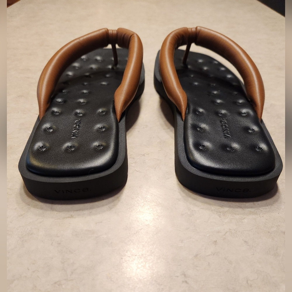 Vince Black Footbed Sandal with Tan Padded Thong Straps - Picture 2 of 5